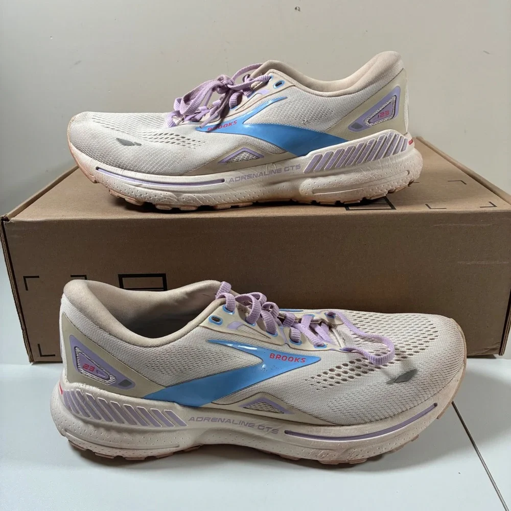 Brooks Adrenaline GTS 23 Shoes Womens 10.5 Beige Blue Purple Running Sneakers